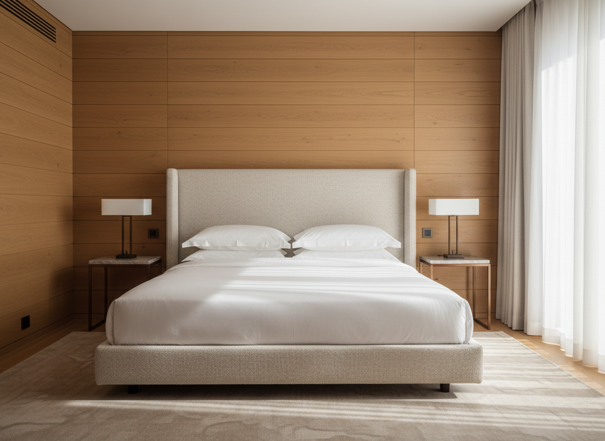 A calm, hotel-like master bedroom tailored for adults, featuring a low platform bed with a tall, upholstered headboard in textured ivory fabric, flanked by thin bronze-framed side tables with stone tops. Behind the bed, a wall of finely grained wood paneling runs horizontally, emphasizing width and serenity. A soft wool rug in muted sand tones lies underfoot. Morning light seeps through floor-to-ceiling sheer curtains, creating delicate shadows on the bedding and highlighting subtle fabric textures. Photographic realism, eye-level framing from the foot of the bed, with a shallow depth of field gently blurring the far corners. The mood is serene, composed, and quietly luxurious, evoking a boutique hotel suite redesigned for a 50s homeowner prioritizing rest, comfort, and refined interior architecture over ornament.
