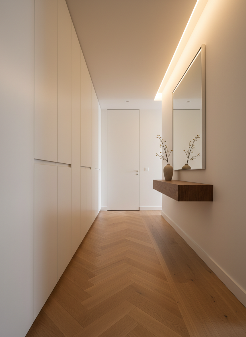 An elegantly reconfigured hallway and entry space in an older condominium, showcasing clever storage and circulation planning. Built-in floor-to-ceiling closets in matte off-white with discreet groove handles line one side, while the opposite wall features a shallow console in dark-stained wood and a large, frameless mirror that visually expands the narrow space. The floor transitions from finely laid herringbone oak at the entry to wider planks toward the interior rooms. Soft, continuous cove lighting in the ceiling creates an even, shadow-free glow, with a warm color temperature that flatters the materials. Photographic realism, captured from a low, central viewpoint looking down the corridor, emphasizing depth and linear perspective. The mood is composed and intelligent, conveying the value of thoughtful layout changes and subtle interior details for mature homeowners.