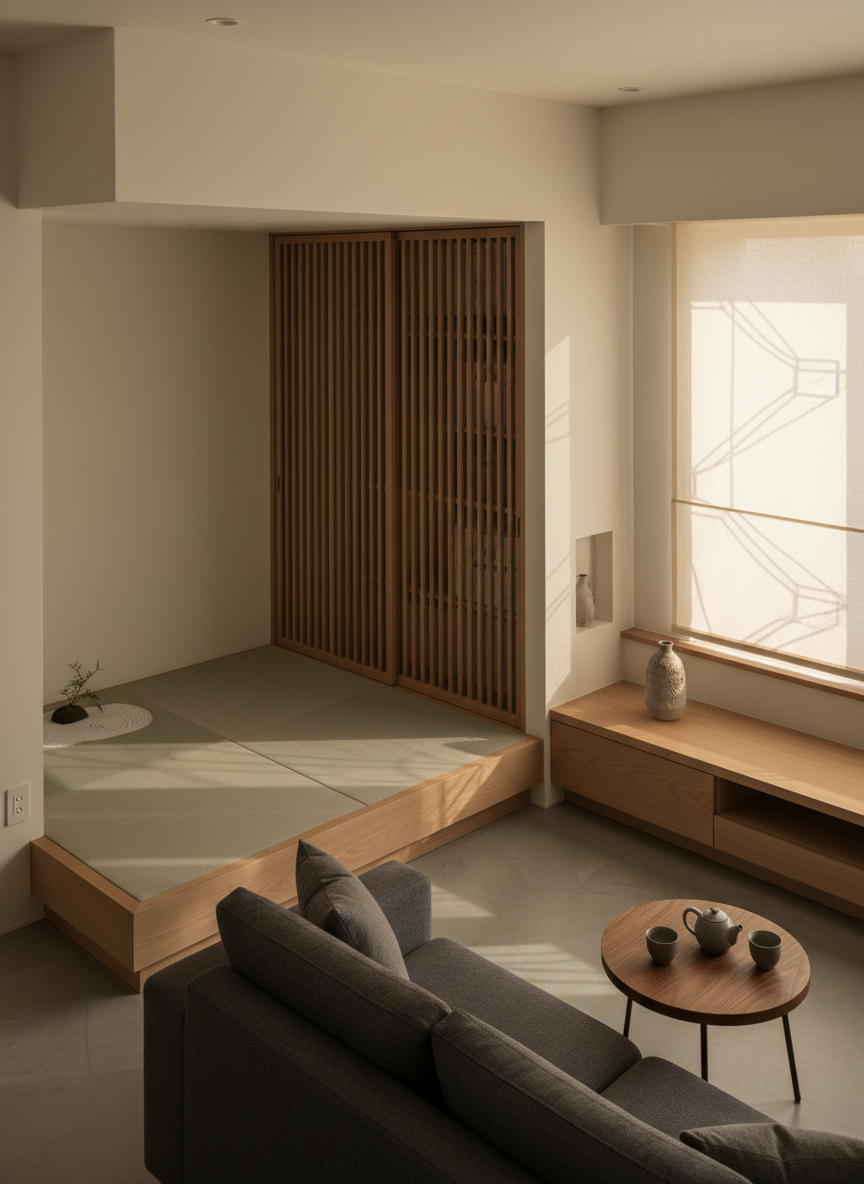 A refined Japanese-modern living and tatami corner integrated into a compact home, designed for a sophisticated couple in their 50s. A raised tatami platform in muted gray-beige woven material sits beside a low, contemporary media unit in pale oak, with a niche displaying a single ceramic vase. Sliding panels with vertical wood slats partially reveal a storage area, hinting at hidden functionality. Afternoon light filters through a translucent washi-like screen, casting soft, patterned shadows on the tatami and wall. Photographic realism, slightly elevated side angle with asymmetrical composition, highlighting the dialogue between traditional elements and modern minimalism. The atmosphere is tranquil, contemplative, and culturally grounded, suggesting a carefully remodeled interior where Japanese sensibility and adult sophistication coexist in one harmonious, well-planned space.