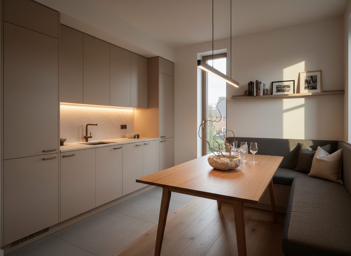 A sophisticated open-plan dining and kitchen area designed for downsized living, with a slim oak dining table, sculptural stone centerpiece bowl, and built-in bench seating upholstered in charcoal linen. The background shows a compact yet luxurious kitchen with flat-panel cabinets in warm beige, a pale stone countertop, and integrated indirect lighting under upper cabinets. Early evening light filters through a side window, complemented by a single linear pendant casting a warm, focused glow on the table surface. Photographic realism, shot from a slightly elevated corner angle using the rule of thirds, creating depth from foreground table to background cabinetry. The atmosphere is intimate, orderly, and mature, communicating the idea of a carefully curated home for couples in their 50s seeking a higher quality of everyday life.