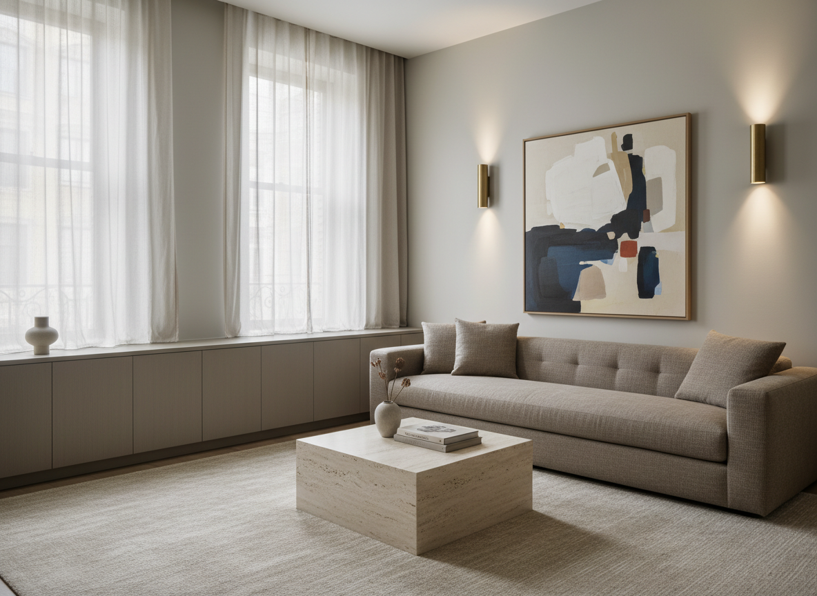A meticulously renovated living room in a mature urban apartment, featuring low, wide built-in cabinetry in matte warm gray wood, a single deep sofa upholstered in textured taupe fabric, and a large neutral wool rug. The space opens toward a full-height window with sheer linen drapes, revealing soft afternoon daylight that washes the room in a gentle, diffused glow. Brass wall washers create subtle vertical light on a pale greige wall with a single oversized abstract artwork. Photographic realism, eye-level composition with a slightly wide angle, sharp focus throughout. The mood is calm, elegant, and understated, evoking a refined retreat for adults. The overall aesthetic is minimalist yet richly layered, emphasizing materials, proportions, and quiet luxury suitable for a 50s-and-up lifestyle.